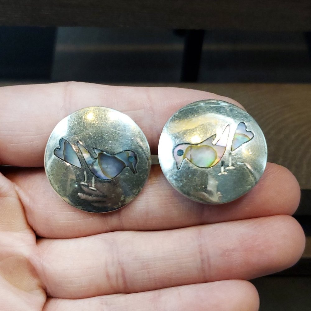 925 Sterling Silver Abalone Shell Inlay Bird Screw On Earrings